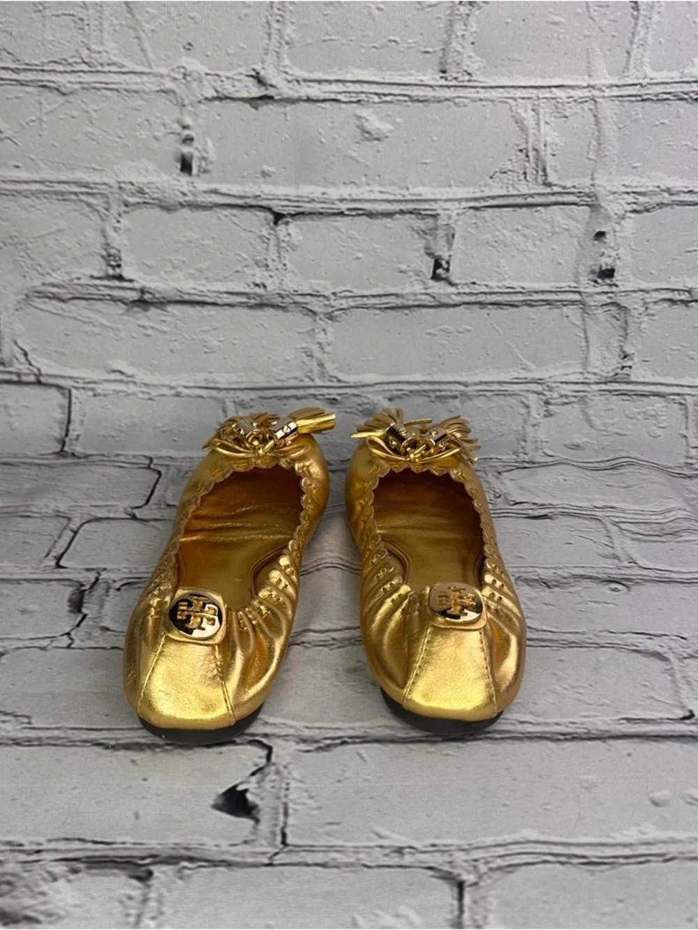 Tory Burch Reese Gold Metallic Tassel Ballet Flats - Women
